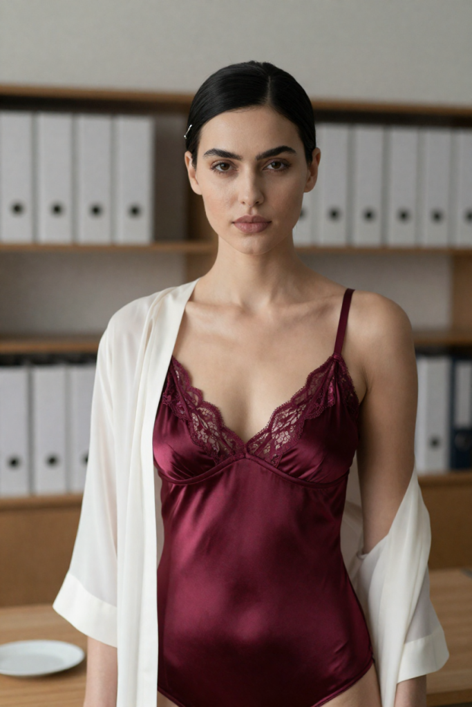 FuliAnInc muse in a burgundy satin and lace set with a sheer ivory robe among plain unlabelled binders