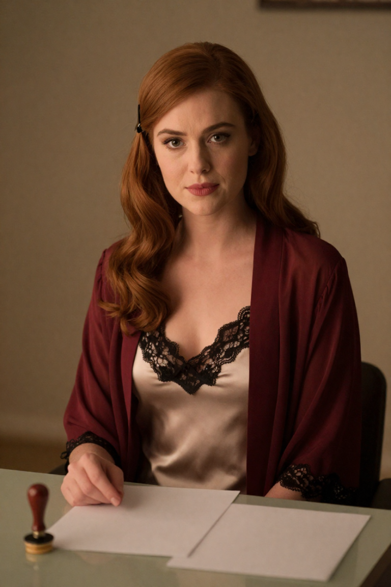 FuliAnInc muse in a champagne silk slip dress with black lace and a wine-red robe at a desk with blank paper